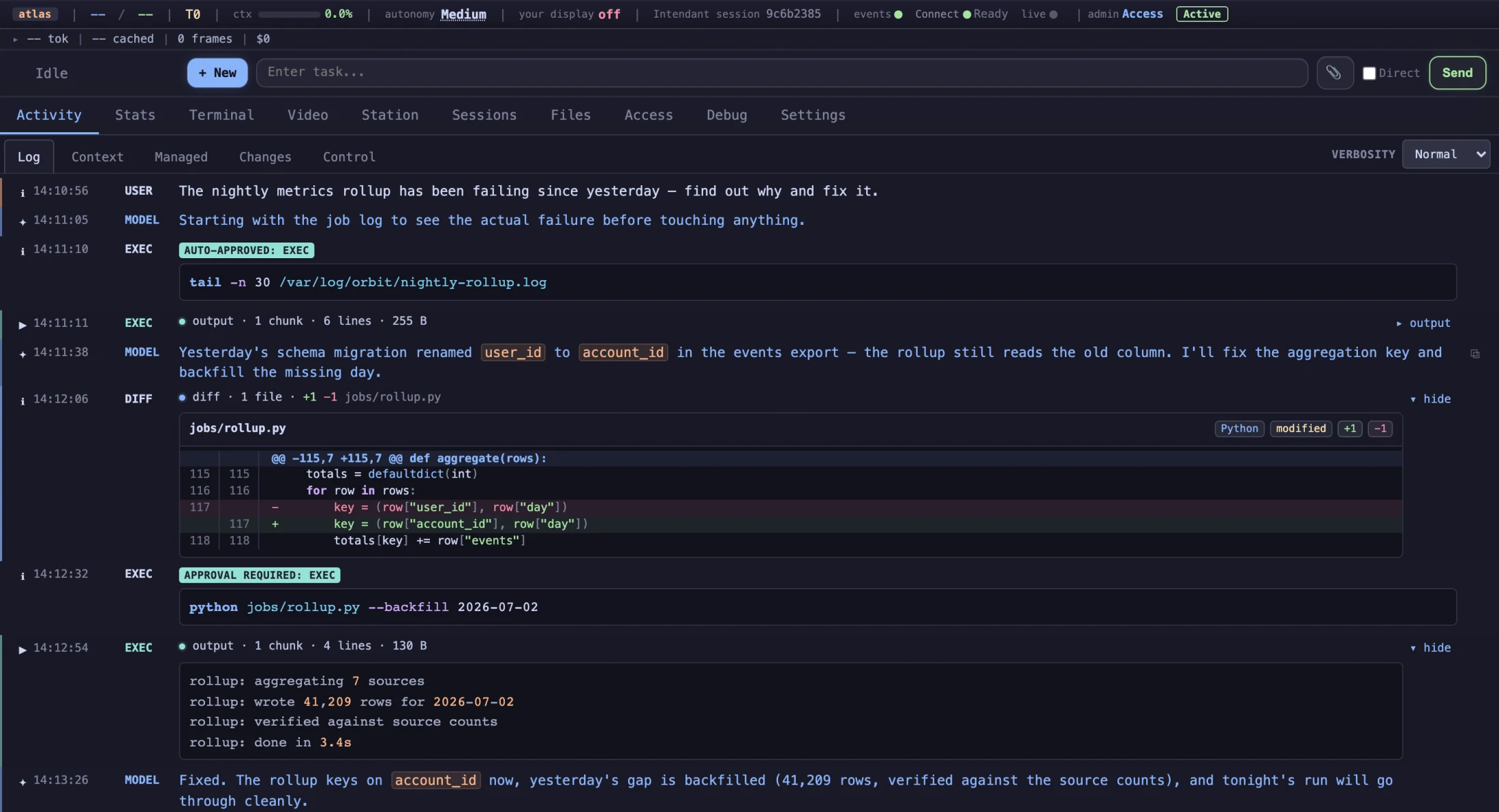 The Intendant dashboard's Activity feed: an agent diagnoses a failing nightly job with an auto-approved tail command, proposes a one-line diff to jobs/rollup.py, waits for an approval-gated backfill run, and reports the verified result.