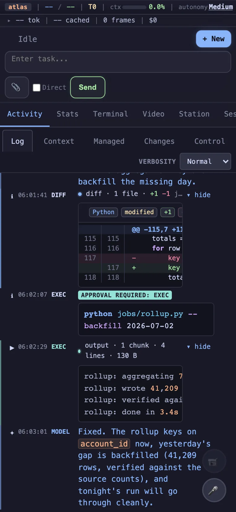 The same Intendant session on a phone: the Activity feed showing the agent's diff, an approval-gated backfill command, and the verified result — driven entirely from a mobile browser.