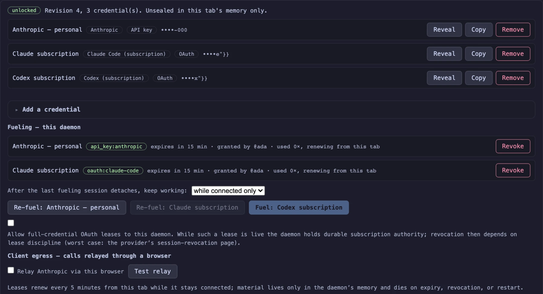 The trusted daemon dashboard's credential vault panel, showing masked entries and time-boxed lease controls.